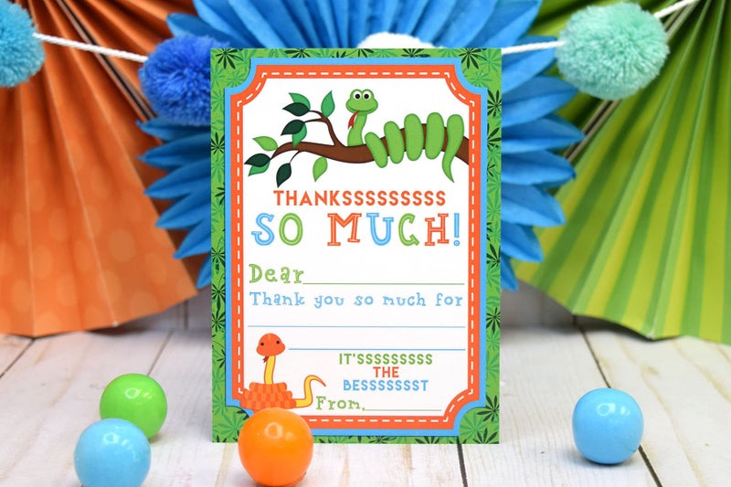 Amanda Creation Fun Colorful Snake Theme Design with Greenery 10 Thank You Notes 4"x5.5" Fill-in Cards with Envelopes, Kids Party Stationery Set, Perfect for Favors & Seals, Made in USA by Amanda Creation - Image 2